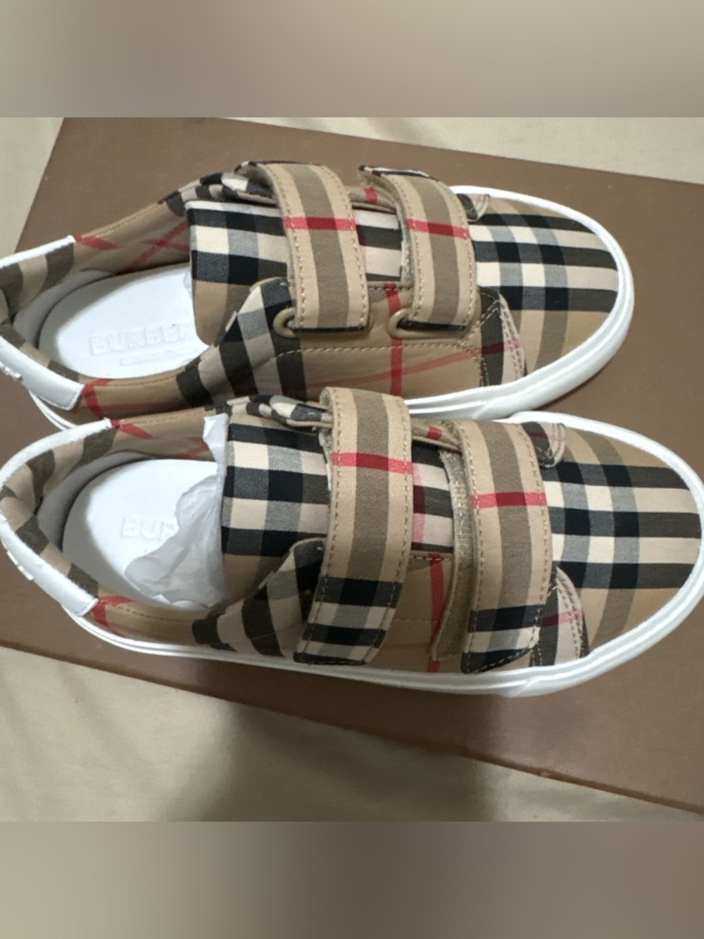 Burberry Beige Black Red Check Kids Sneakers